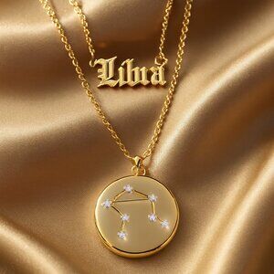 Gold Tone Libra Zodiac Crystal Necklace – Astrology Fashion Jewelry for Women